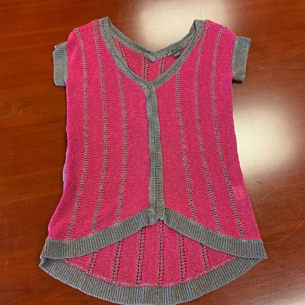 Armani Exchange Open Weave Pink & Gray Short Sleeve Sweater sz XL